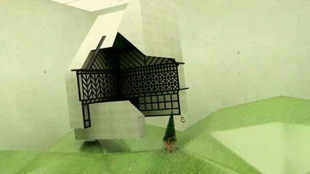 Video Reference: architectural model, miniature house, model house, geometric facade, indoor, mockup, miniature, green surface, small tree, abstract space, structure, prototype