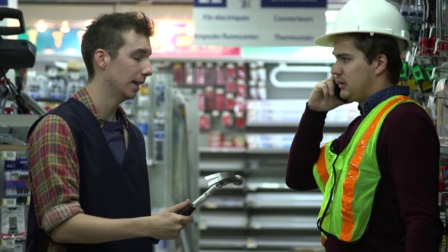 Video Reference: Arm, Hard hat, Microphone, High-visibility clothing, Gesture, Workwear, Helmet, Engineering, Street fashion, Customer