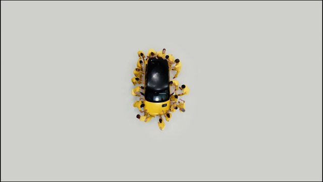 Video Reference: car, top view, group, people, yellow outfits, studio, isolated, overhead, black car, yellow car, circle, team, vehicle, minimal background