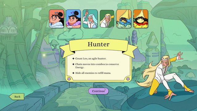 Video Reference: animated, game ui, character select, fantasy, hunter, role card, cartoon, menu screen, forest, illustration, ui buttons, mobile game, fantasy character, game interface