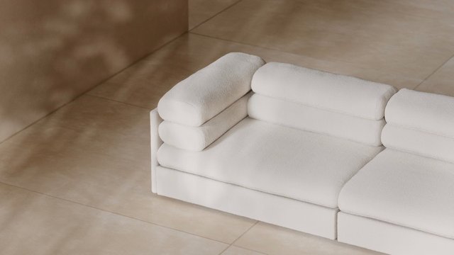 Video Reference: sofa, sectional, cushion, white, interior, living room, furniture, tiled floor, modern, minimalist, close-up, soft lighting