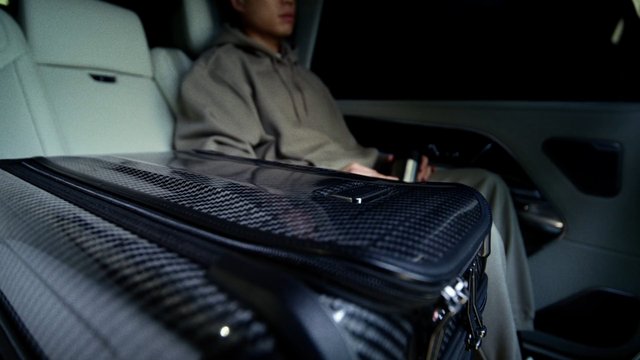 Video Reference: car interior, luxury car, back seat, travel, person, bag, luggage, close-up, modern interior, transportation