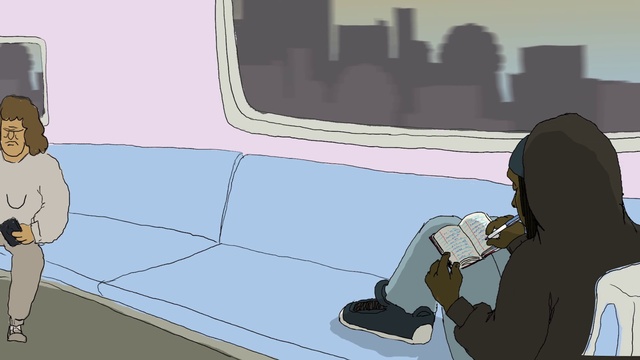 Video Reference: Couch, Comfort, Cartoon, Line, Font, Rectangle, Art, studio couch, Automotive design, Drawing