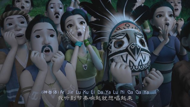 Video Reference: animated, crowd, outdoors, night, surprised, masked, headdress, tribal mask, festival, subtitles, people, fictional, cinematic, reaction, group scene