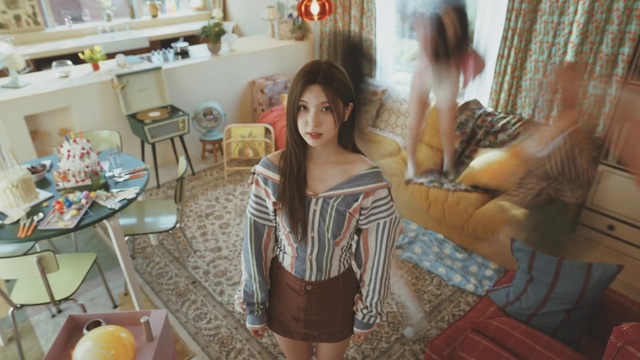 Video Reference: Chair, Black hair, Flooring, Leisure, Thigh, Fashion design, Comfort, Event, Curtain, Happy