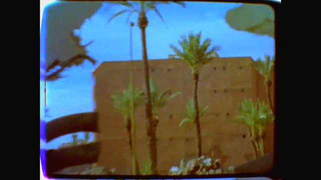 Video Reference: palm trees, building, blue sky, outdoor, low resolution, blurry, TV screen, desert, landscape, architecture, retro, framed view