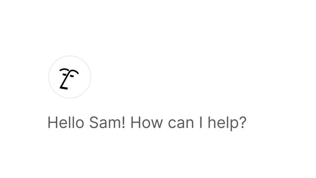 Video Reference: app screen, chat interface, greeting, assistant, white background, minimal design, text, face icon, welcome screen, conversation