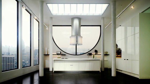 Video Reference: modern interior, kitchen, luxury home, open space, minimalist, large windows, city view, skylight, island, contemporary design, bright room, indoor architecture, white cabinets, black floor, spacious, real estate