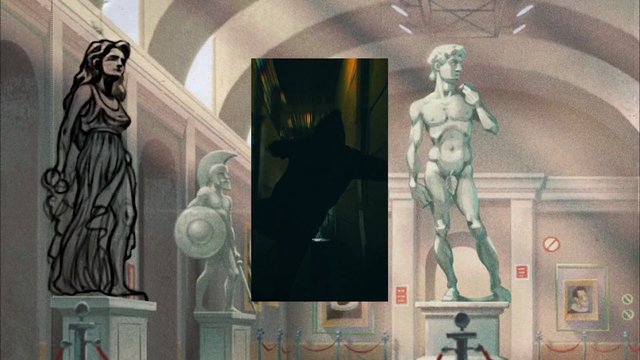 Video Reference: museum, statues, gallery, classical, indoor, arches, pedestal, sculpture, exhibit, hall, interior, art, ancient, ornate, overlay, dark