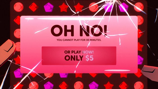 Video Reference: game screen, popup, warning, paid unlock, pink, ui, dialog box, cracked glass, arcade, cartoon, interface, text, colorful background, promotion