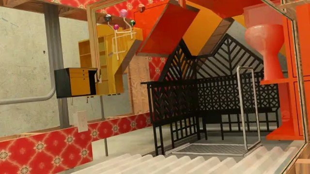 Video Reference: abstract, installation, indoor, geometric, colorful, orange, yellow, black, lattice, steps, architecture, art, modern, interior, structure