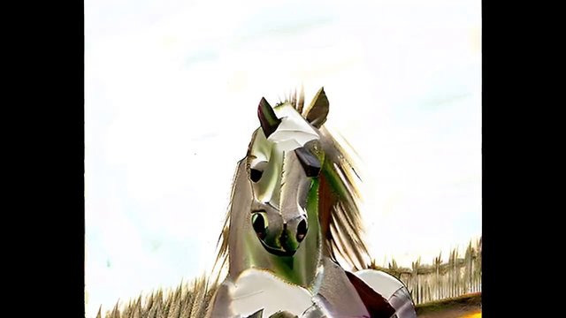 Video Reference: horse, sculpture, metallic, mask, close-up, outdoor, art, animal, abstract, reflective, sky, portrait