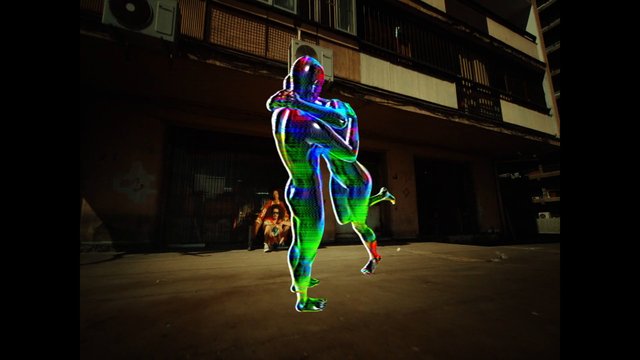 Video Reference: urban, courtyard, alley, building, neon, glitch, digital art, human figure, abstract, silhouette, night, street, contemporary, surreal, outdoor, motion