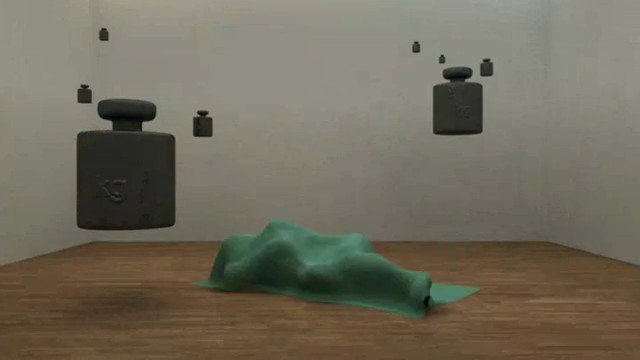 Video Reference: 3D render, abstract, floating objects, green object, wooden floor, minimal scene, indoor, digital art, plain wall, surreal