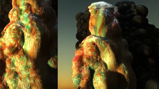 Video Reference: abstract, 3d render, digital art, surreal, colorful, textured, organic form, glowing, fantasy, close-up, vertical shapes, black background, gradient sky, render