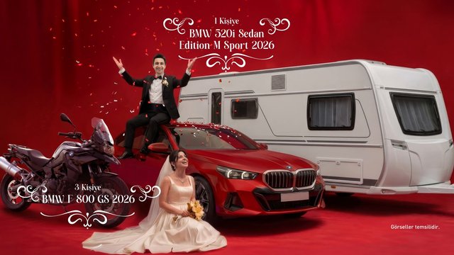 Video Reference: promotional graphic, red background, car, sedan, motorcycle, caravan, wedding, bride, groom, confetti, Turkish text, luxury vehicle, dealership ad, studio composite
