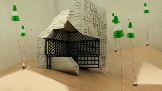 Video Reference: architectural model, house, miniature, sand, landscape, structure, facade, model building, indoor, design, installation, art, poles, green, abstract, maquette
