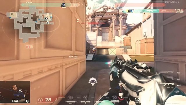 Video Reference: video game, first person, shooter, gameplay, esports, HUD, minimap, rifle, combat, courtyard, enemy, stream overlay, player cam, tactical, match