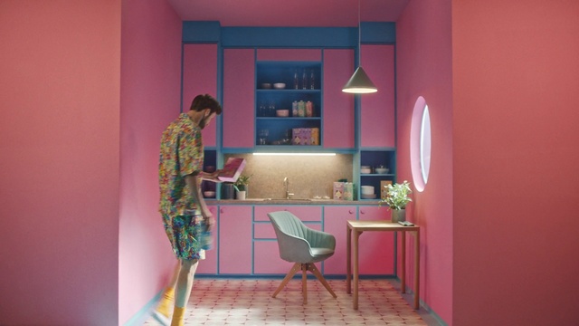 Video Reference: Table, Furniture, Property, Building, Purple, Chair, Textile, Lighting, Orange, Interior design