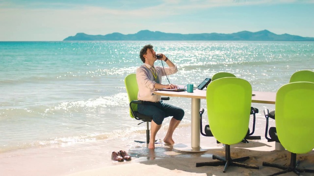 Video Reference: Water, Sky, Cloud, Table, Blue, People on beach, Outdoor furniture, Chair, Travel, Shorts