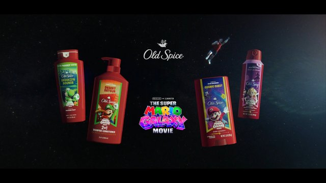 Video Reference: Old Spice, promotional graphic, product display, body wash, shampoo, deodorant, Super Mario Galaxy Movie, Mario, Luigi, Princess Peach, Nintendo, Illumination, space background, cosmic, advertisement, packaging