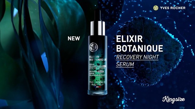 Video Reference: cosmetic, serum, skincare, product shot, advertisement, bottle, night serum, botanical, blue background, luxury, beauty, packaging, promo, brand, abstract