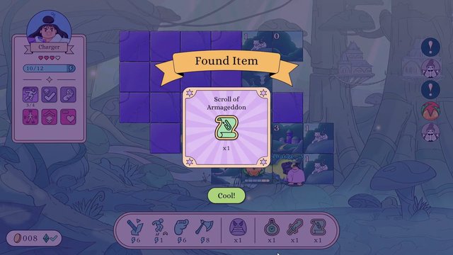 Video Reference: video game, fantasy, UI, reward popup, item card, grid, cartoon, 2D art, spell scroll, game interface, purple, tower, forest, puzzle, mobile game, menu