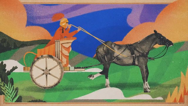 Video Reference: collage, illustration, horse, chariot, rider, landscape, colorful, abstract, artwork, vintage, mythology, transport, outdoors, fantasy