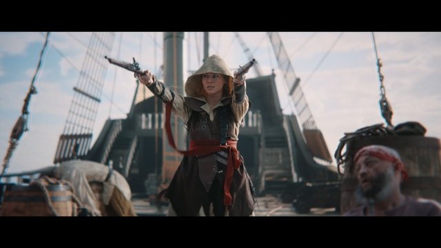 Video Reference: sailing ship, pirate, pistols, action scene, hooded figure, ship deck, historical costume, naval, weapon, adventure, battle, crew, masts, cinematic