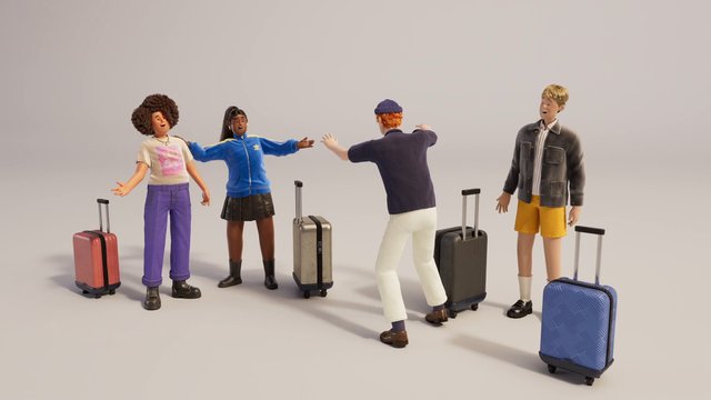 Video Reference: toy figures, suitcases, travel, group, studio background, standing, greeting, cartoon style, miniature, luggage, people, casual clothes, 3d render, plain backdrop