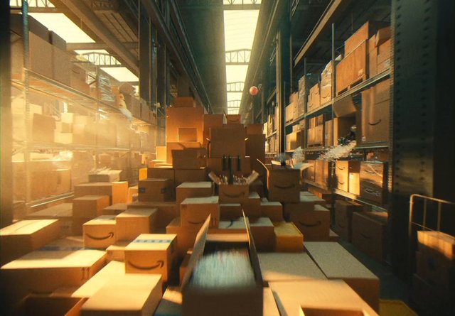 Video Reference: warehouse, boxes, cardboard, storage, shelves, aisle, packaging, inventory, distribution, logistics, stacked boxes, industrial, indoor, warm light, clutter, storage room
