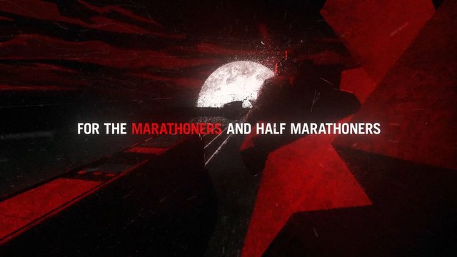 Video Reference: marathon, half marathon, title screen, text, red, black, graphic design, sports, running, event promo, abstract background, light