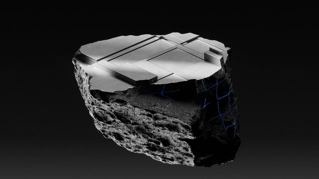 Video Reference: abstract, 3D render, metallic, geometric, rock, black background, blue glow, futuristic, sci-fi, texture, cube, floating, minimal, digital art