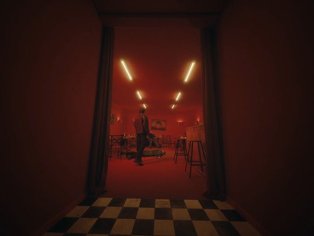 Video Reference: red lighting, interior, doorway, person, standing, lying down, room, tables, chairs, checkered floor, dramatic lighting, night scene, bar, restaurant, cinematic, mood