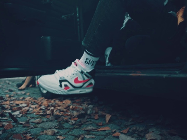 Video Reference: Leg, Azure, Asphalt, Walking shoe, Grey, Road surface, Thigh, Sportswear, Tree, Sneakers