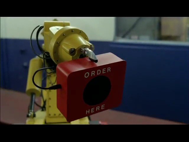 Video Reference: robotic arm, automation, machine, industrial, lab, device, red box, order here, mechanical, electronics, equipment, indoor, manufacturing