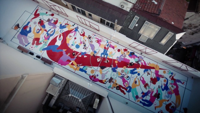 Video Reference: World, Art, Ceiling, Mural, Leisure, Event, Advertising, Crowd, Visual arts, Carmine