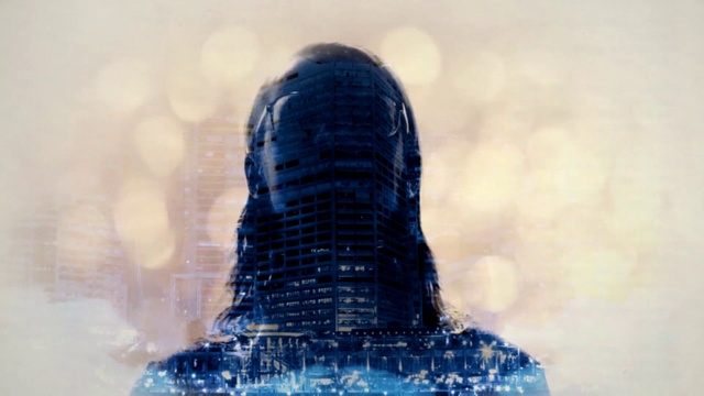 Video Reference: Skyscraper, Building, Tower block, Hat, Electric blue, Art, Font, City, Microphone, Glass