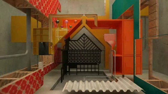 Video Reference: abstract, interior, geometric, colorful, architecture, installation, modern, pattern, orange, red, black, structure, art, indoor, design