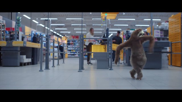 Video Reference: sloth, store, checkout, supermarket, indoor, animal, walking, retail, people, blur, wide shot, bright lighting
