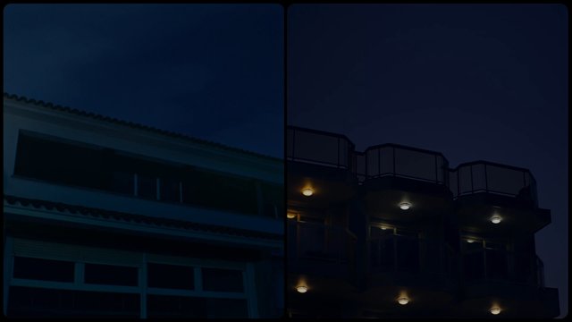Video Reference: night, building, rooftop, balcony, architecture, sky, dark, urban, exterior, blue hour, split screen, windows, lights, residential, facade