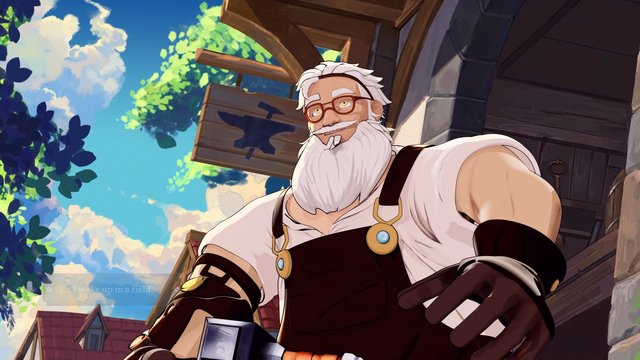 Video Reference: animated, elderly man, white beard, glasses, low angle, outdoors, wooden building, sky, clouds, trees, fantasy, character art, overalls, close-up