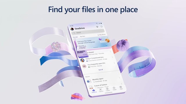 Video Reference: OneDrive, smartphone, app screen, files, cloud storage, search, mobile UI, promotional graphic, digital illustration, gradient background, ribbons, file management, technology, product ad